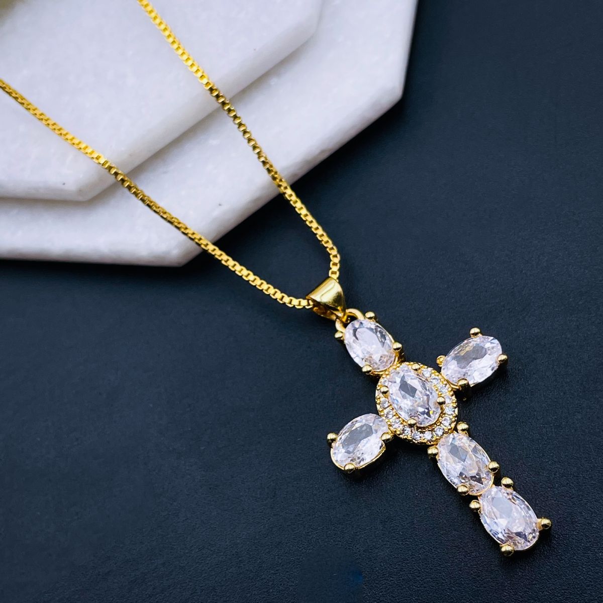 White Cross Jesus Cubic Zirconia 18K Gold Copper Pendant Chain Bulk Main image