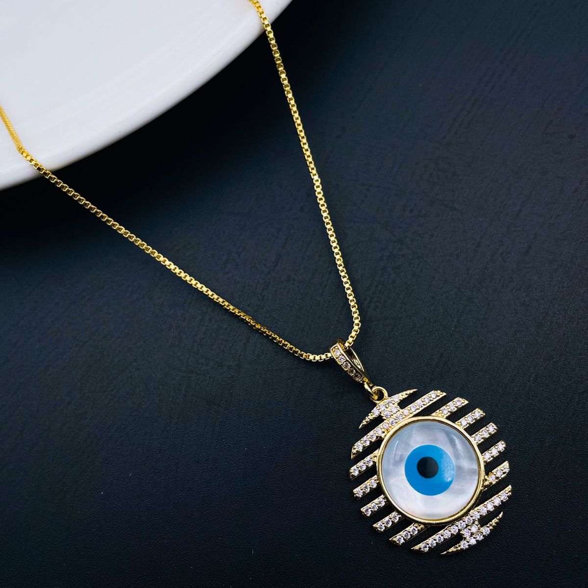Stripes Evil Eye Mother Of Pearl CZ 18K Gold Pendant Chain Bulk Main image