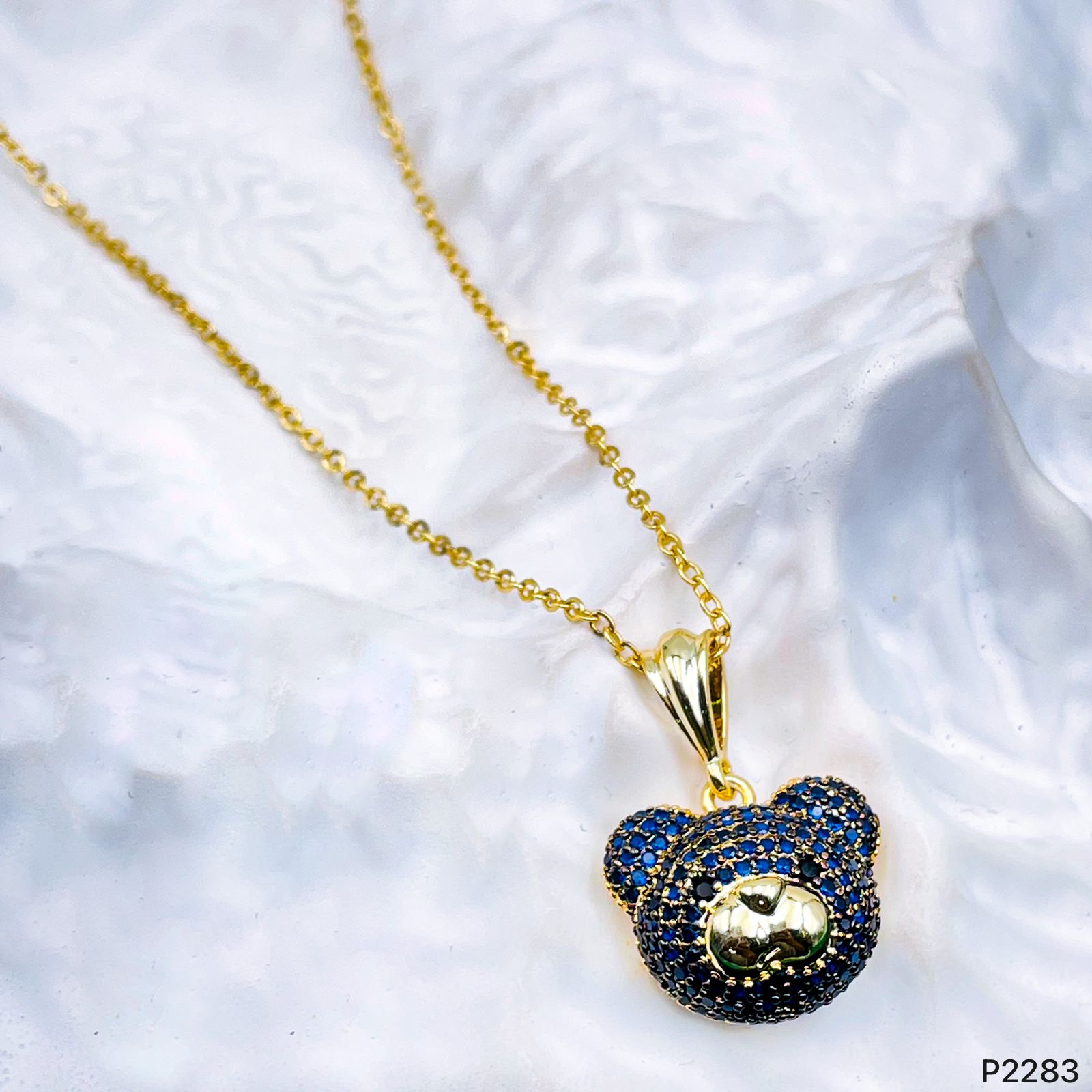 Dark Blue Teddy Bear Cubic Zirconia 18K Gold Pendant Links Chain Bulk