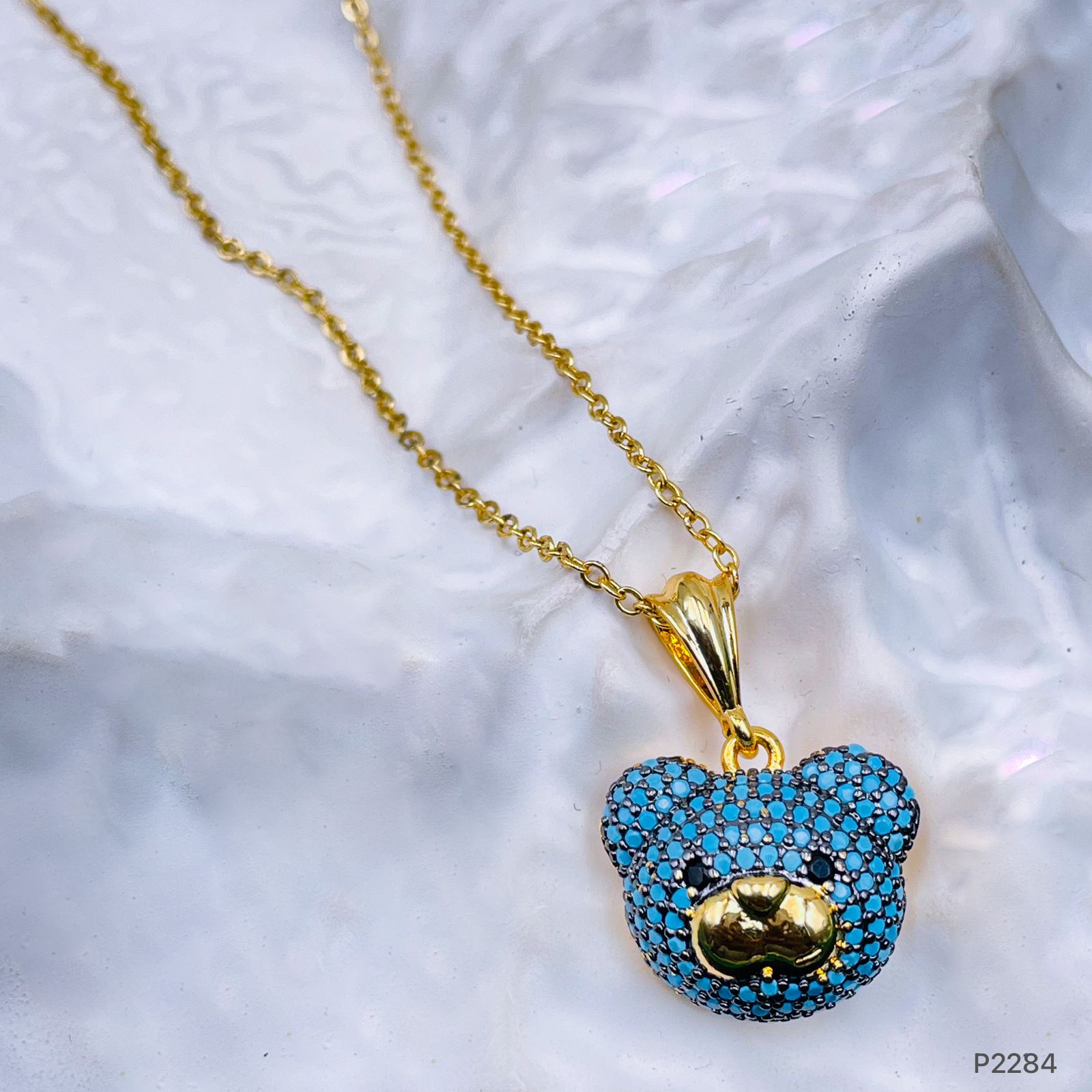 Turquoise Blue Teddy Bear CZ 18K Gold Pendant Links Chain Bulk Main image