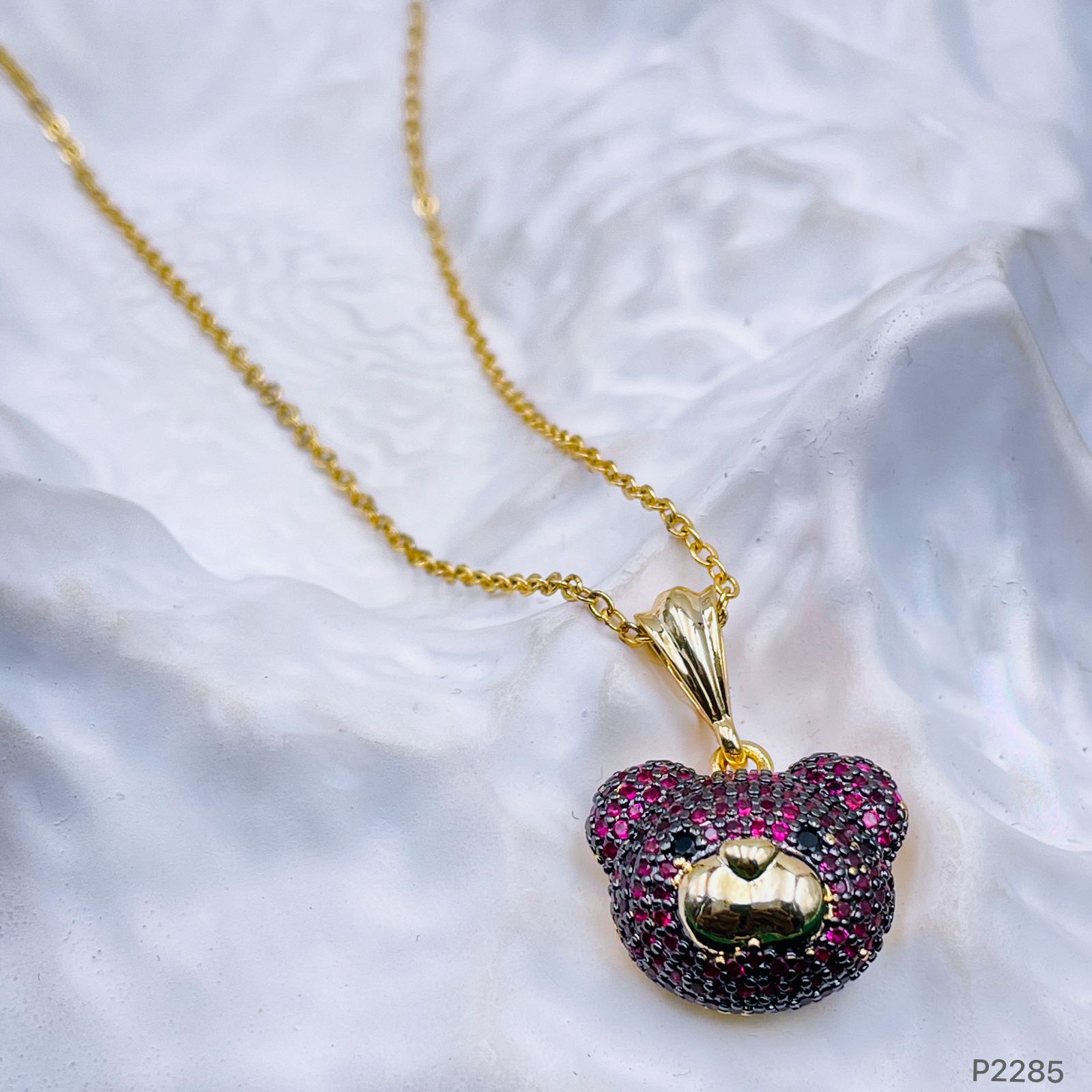 Pink Teddy Bear Cubic Zirconia 18K Gold Pendant Links Chain Women Bulk Main image