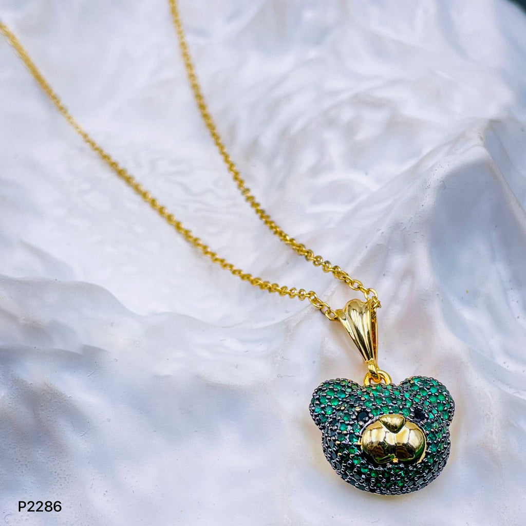 Green Teddy Bear Cubic Zirconia 18K Gold Pendant Links Chain Bulk
