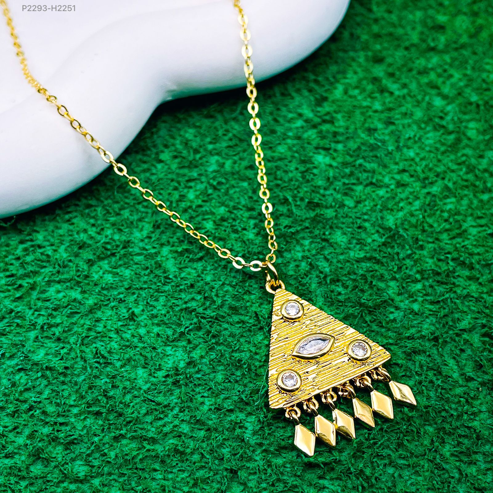 Triangle Cubic Zirconia 18K Beaten Gold Pendant Chain For Women Bulk Main image