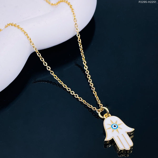 Evil Eye Hamsa Hand Of Fathima White Enamel Gold Pendant Chain Bulk Main image
