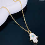 Evil Eye Hamsa Hand Of Fathima White Enamel Gold Pendant Chain Bulk