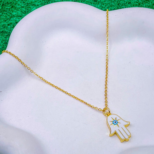 Evil Eye Hamsa Hand Of Fathima White Enamel Gold Pendant Chain Bulk Secondary image