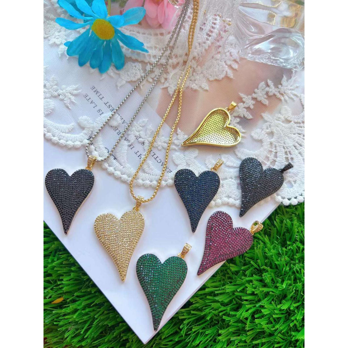 Heart Pink Cubic Zirconia 18K Gold Copper Pendant Chain Women Bulk