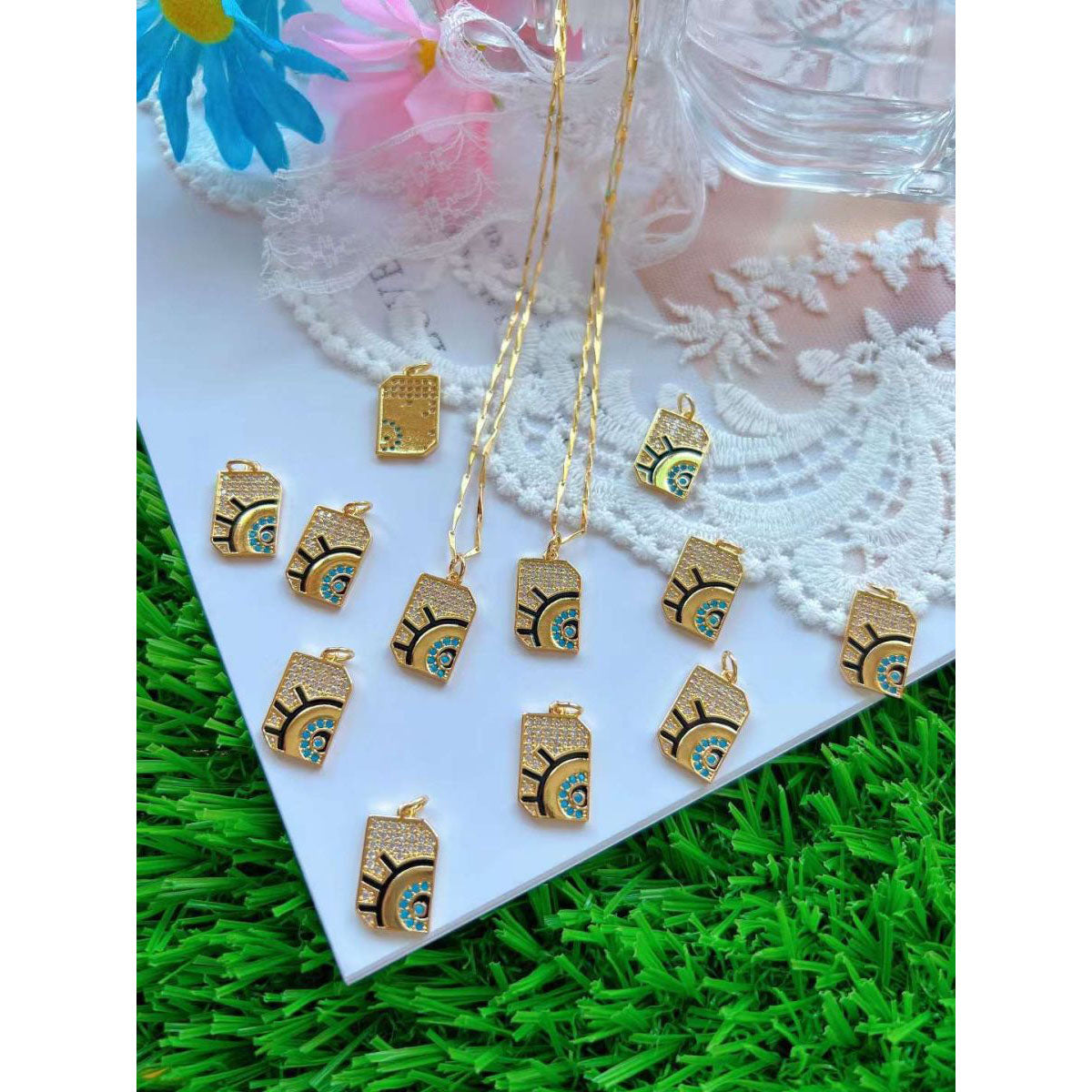 Evil Eye Gold Cubic Zirconia Copper Pendant Chain For Women Bulk Main image