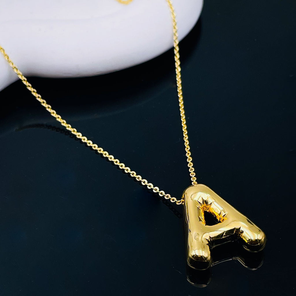 A Party Balloon Bubble Puffed Initial Alphabet Letter 18K Glossy Gold Anti Tarnish Pendant Chain