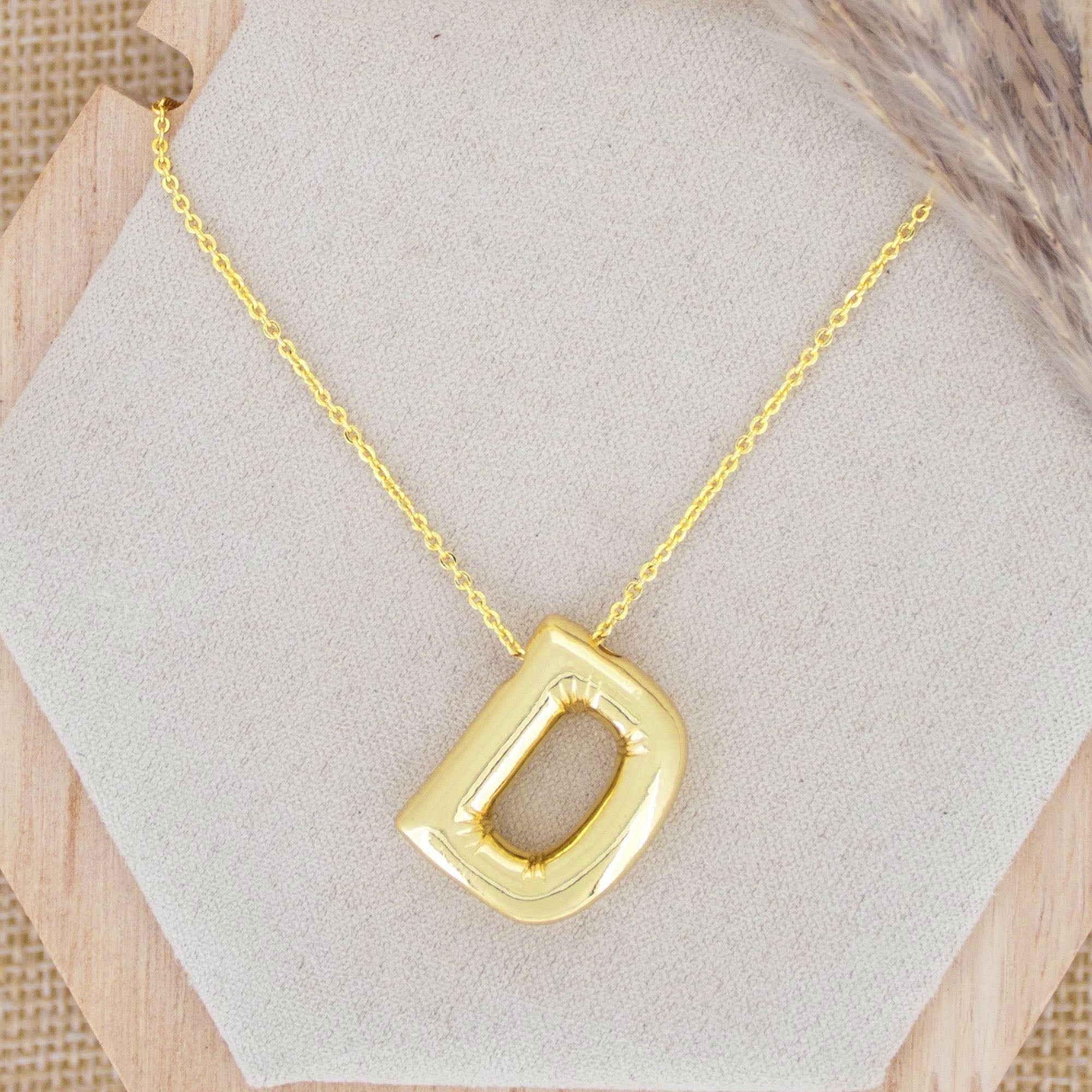 A Party Balloon Bubble Puffed Initial Alphabet Letter 18K Glossy Gold Anti Tarnish Pendant Chain