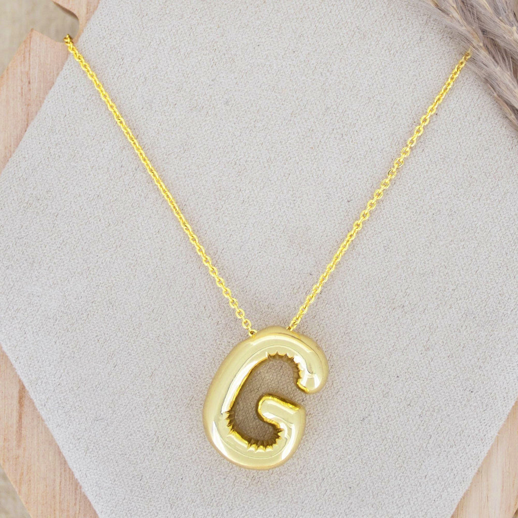 A Party Balloon Bubble Puffed Initial Alphabet Letter 18K Glossy Gold Anti Tarnish Pendant Chain