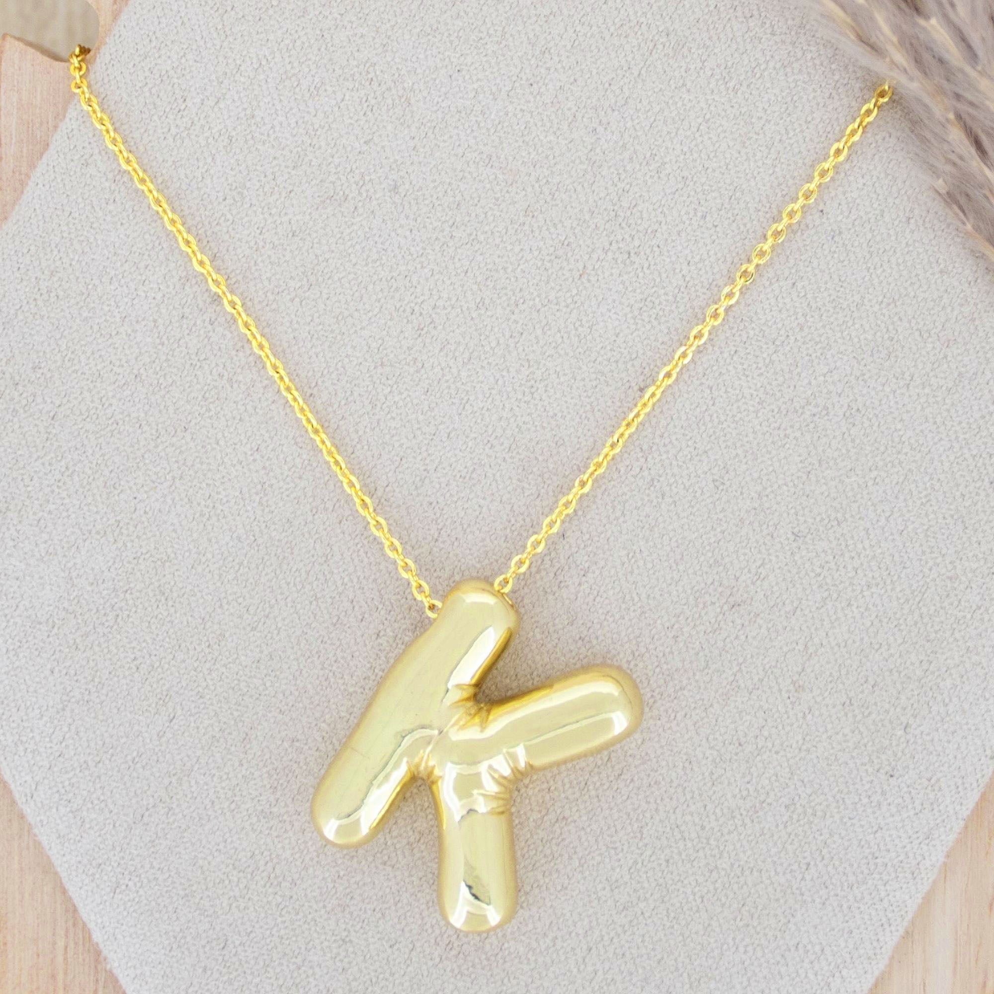 A Party Balloon Bubble Puffed Initial Alphabet Letter 18K Glossy Gold Anti Tarnish Pendant Chain