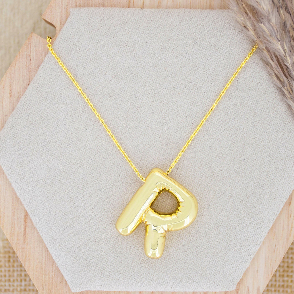 A Party Balloon Bubble Puffed Initial Alphabet Letter 18K Glossy Gold Anti Tarnish Pendant Chain