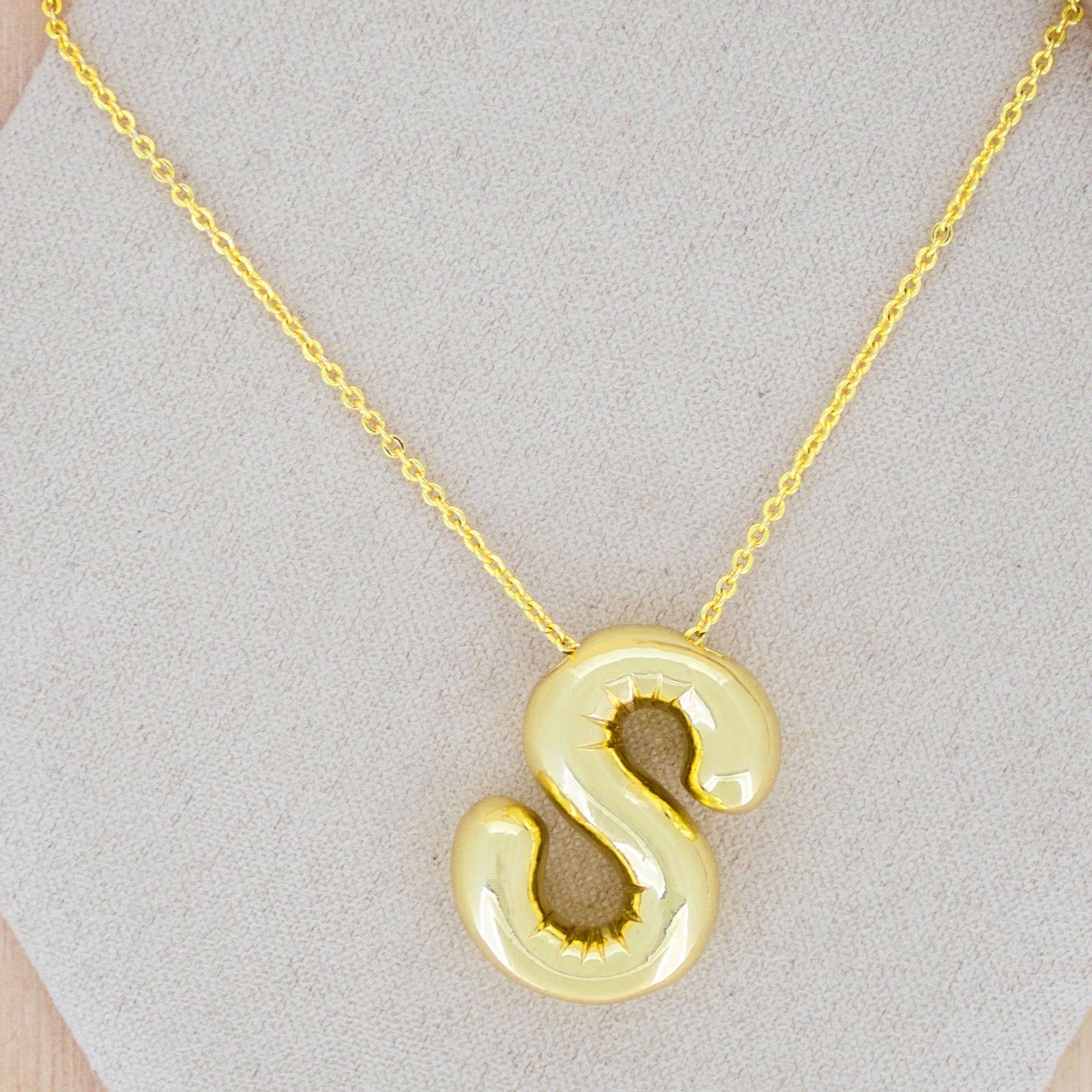 A Party Balloon Bubble Puffed Initial Alphabet Letter 18K Glossy Gold Anti Tarnish Pendant Chain