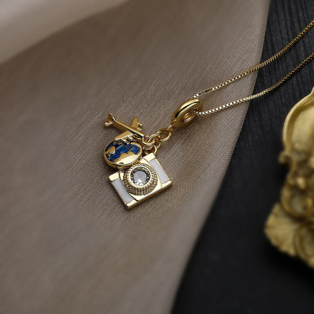 Camera Globe Airplane Charms 18K Gold Anti Tarnish Pendant Chain Bulk