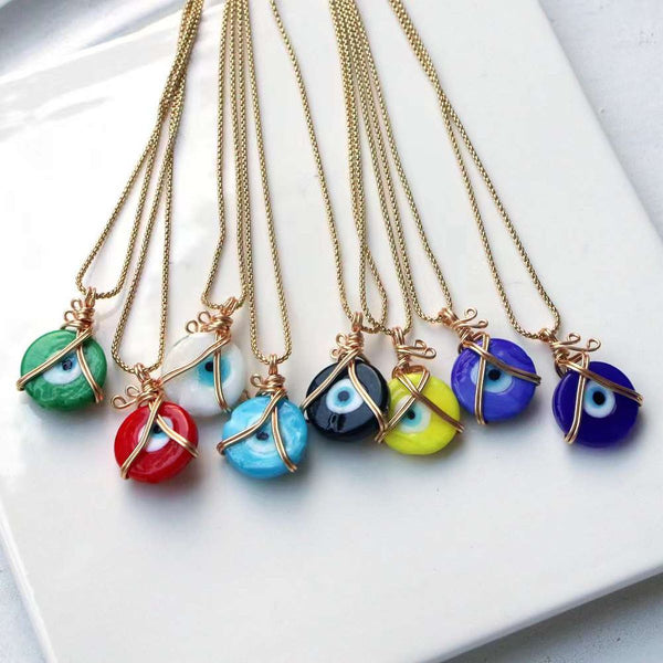 Multi Color Evil Eye Hand Wrapped Gold Copper Pendant Chain Wholesale Main image