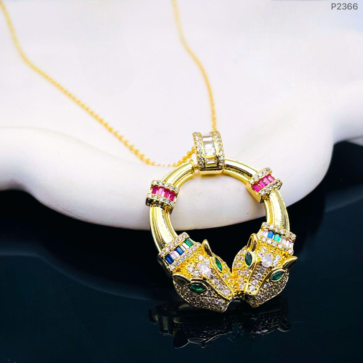 Dual Panther Studded Pink Green Circle 18K Gold Anti Tarnish Pendant Chain for Women Main image