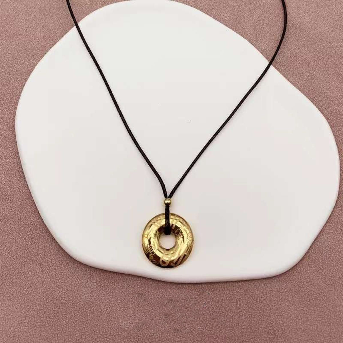 Circle of Life 18K Glossy Gold Stainless Steel Medallion Black Thread Pendant Chain
