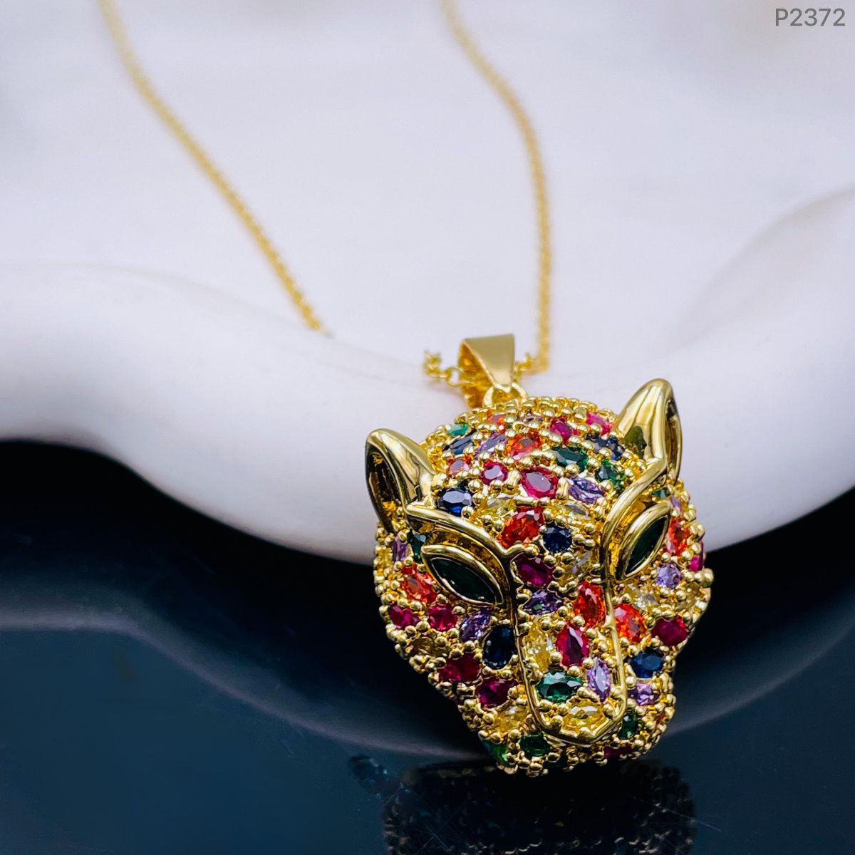 Panther Face Multi Color Gemstone Studded 18K Gold Pendant Chain Bulk