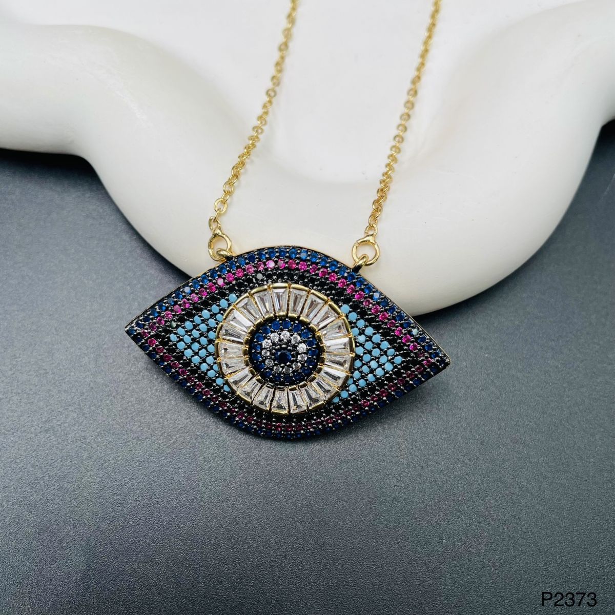 Evil Eye Pink Blue Baguette Cubic Zirconia 18K Gold Pendant Chain Bulk Main image