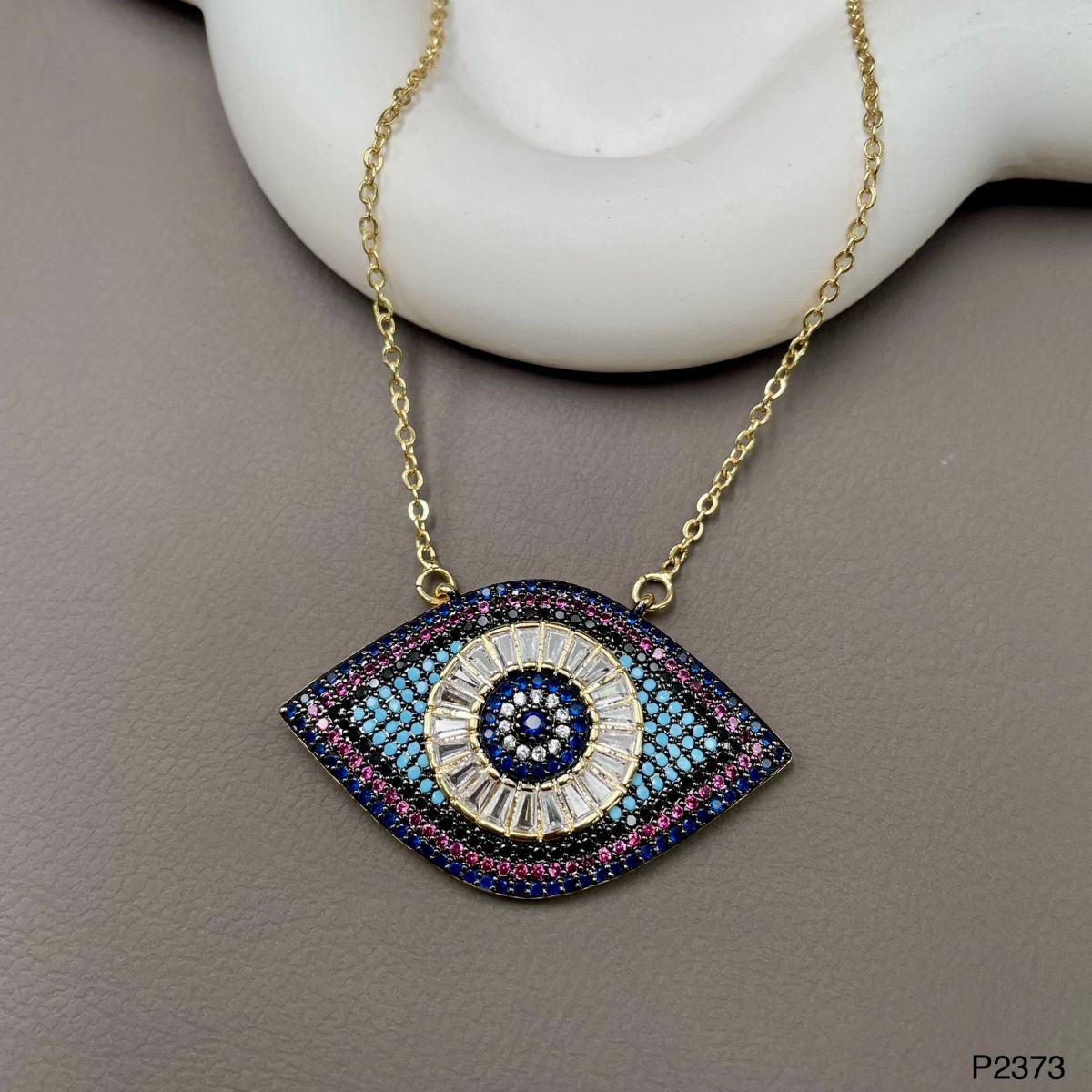 Evil Eye Pink Blue Baguette Cubic Zirconia 18K Gold Pendant Chain Bulk Secondary image