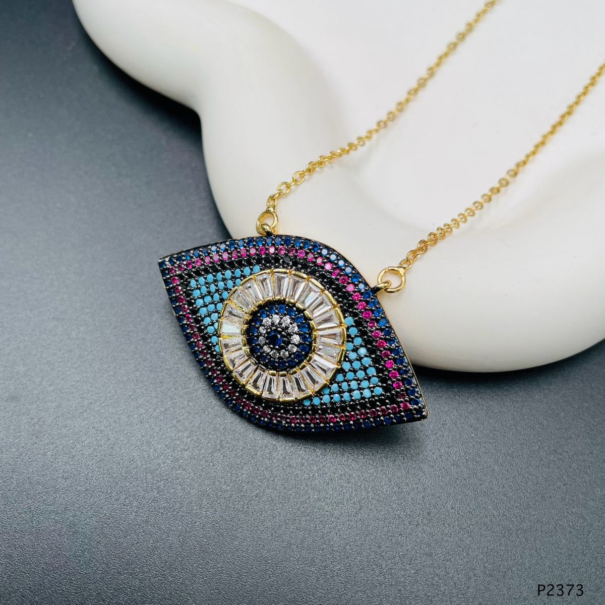 Evil Eye Pink Blue Baguette Cubic Zirconia 18K Gold Pendant Chain Bulk