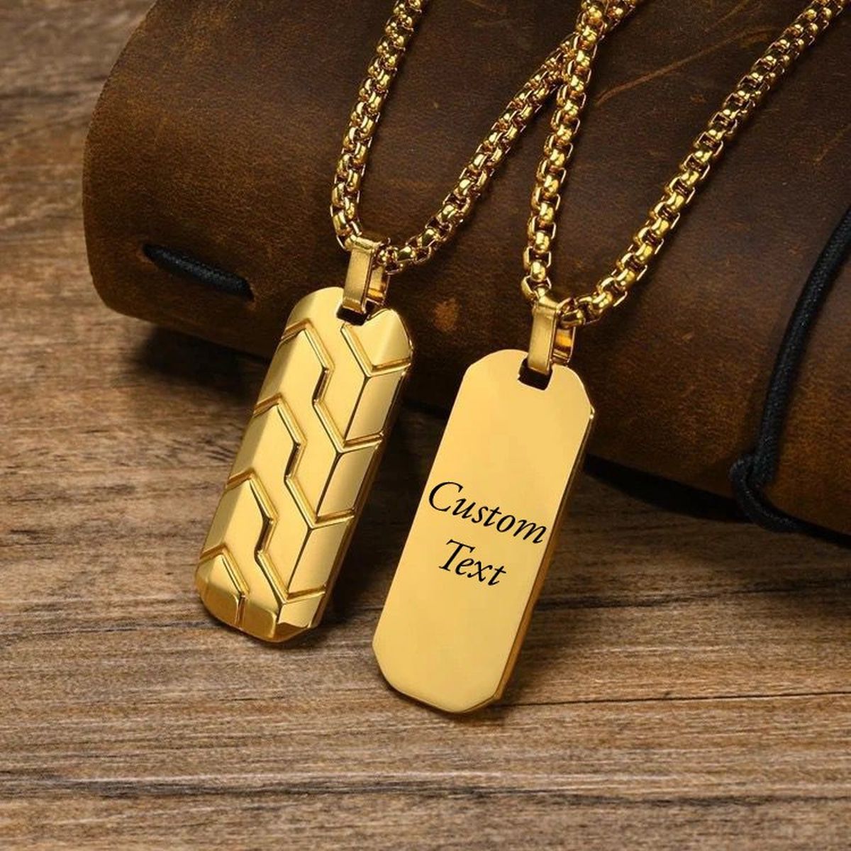 Zig Zag 18K Matte Gold 316L Stainless Steel Dog Tag Customized Personalised Laser Engraved Pendant Chain for Men Main image
