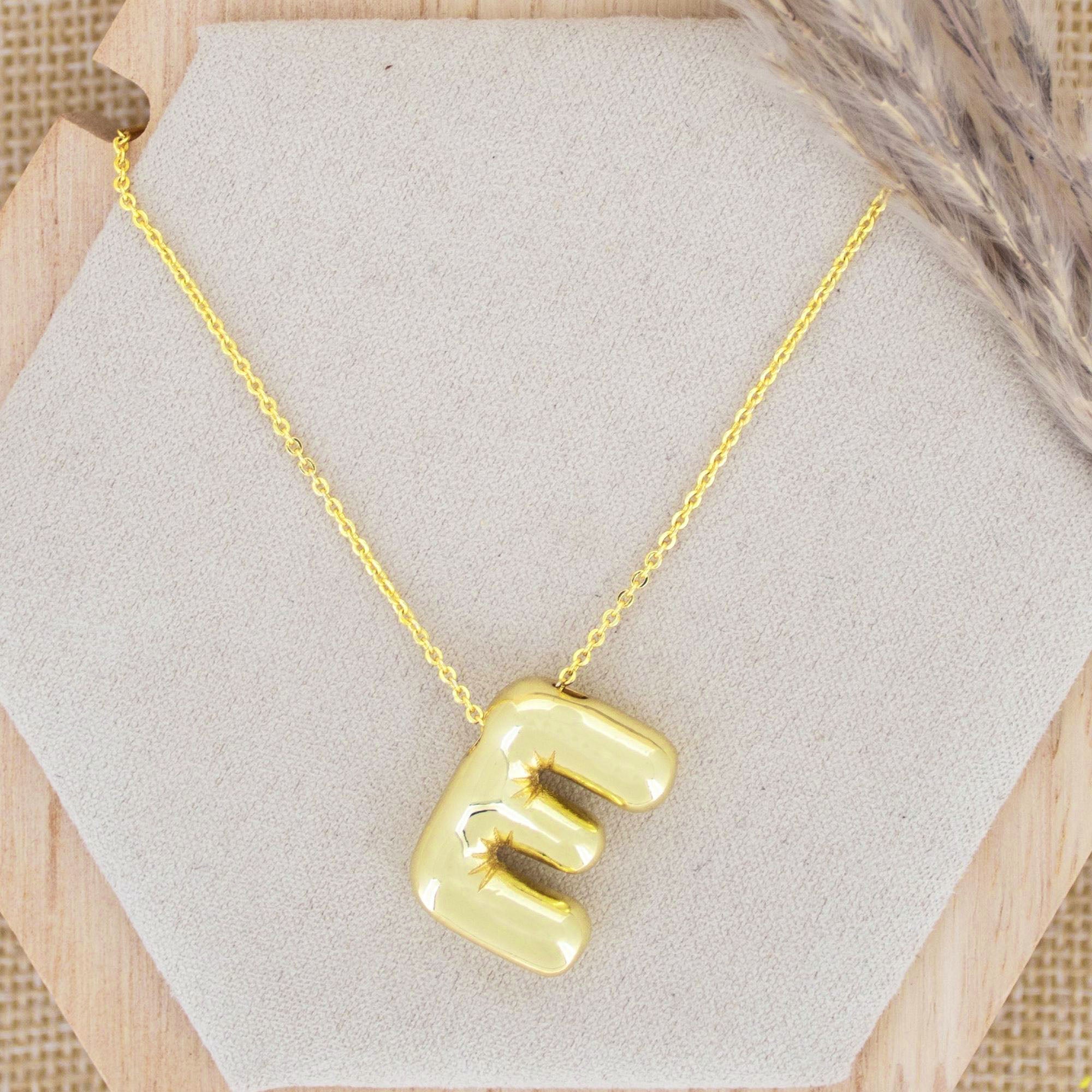 A Party Balloon Bubble Puffed Initial Alphabet Letter 18K Glossy Gold Anti Tarnish Pendant Chain