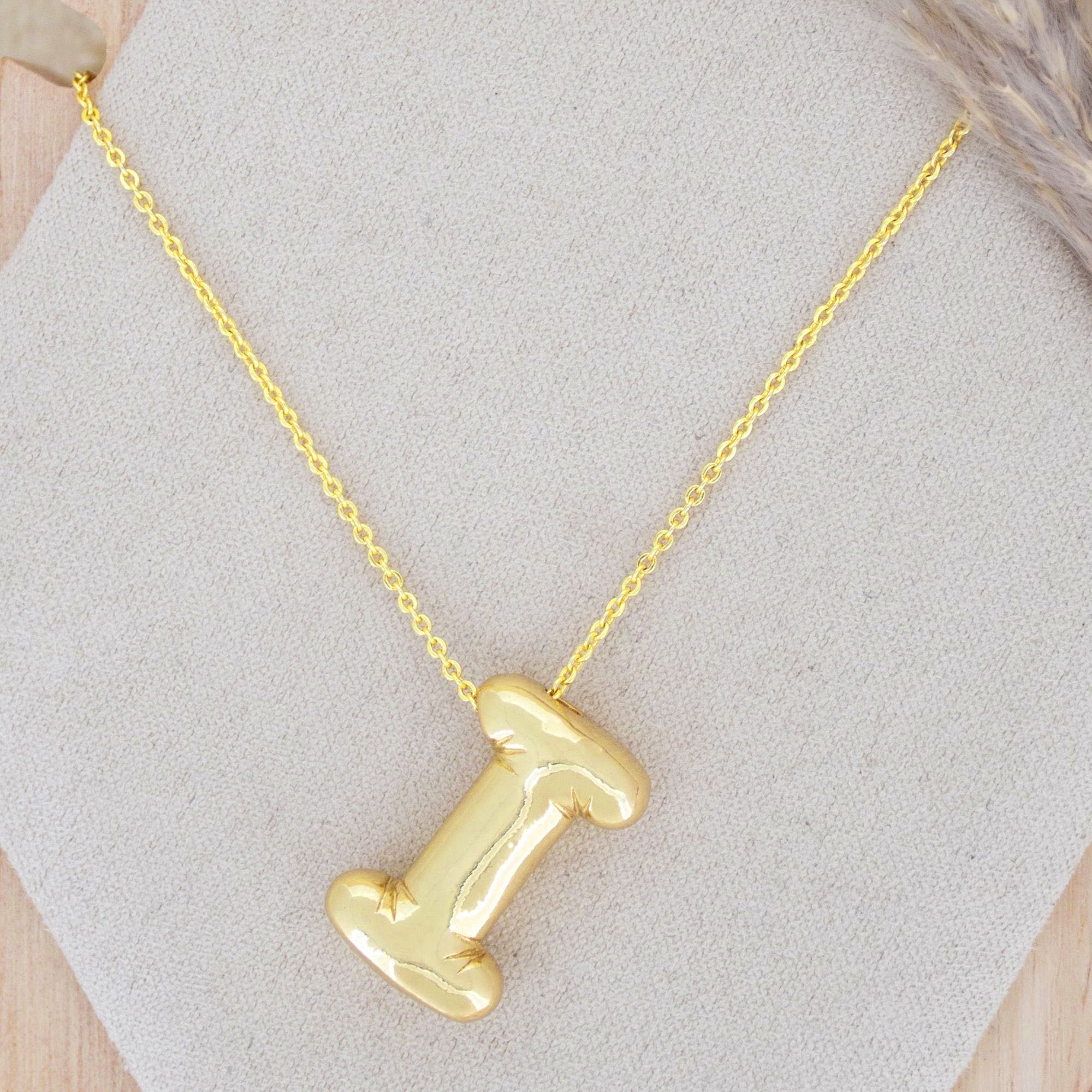 A Party Balloon Bubble Puffed Initial Alphabet Letter 18K Glossy Gold Anti Tarnish Pendant Chain