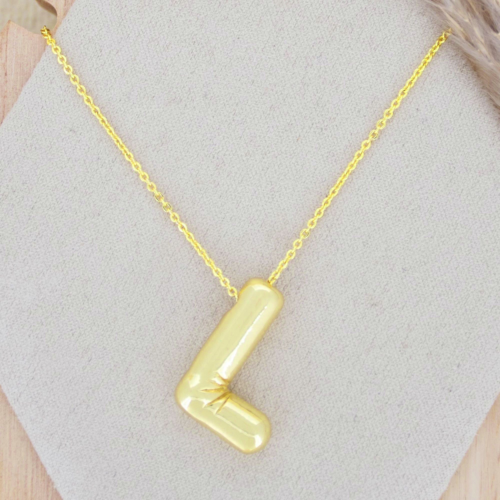 A Party Balloon Bubble Puffed Initial Alphabet Letter 18K Glossy Gold Anti Tarnish Pendant Chain