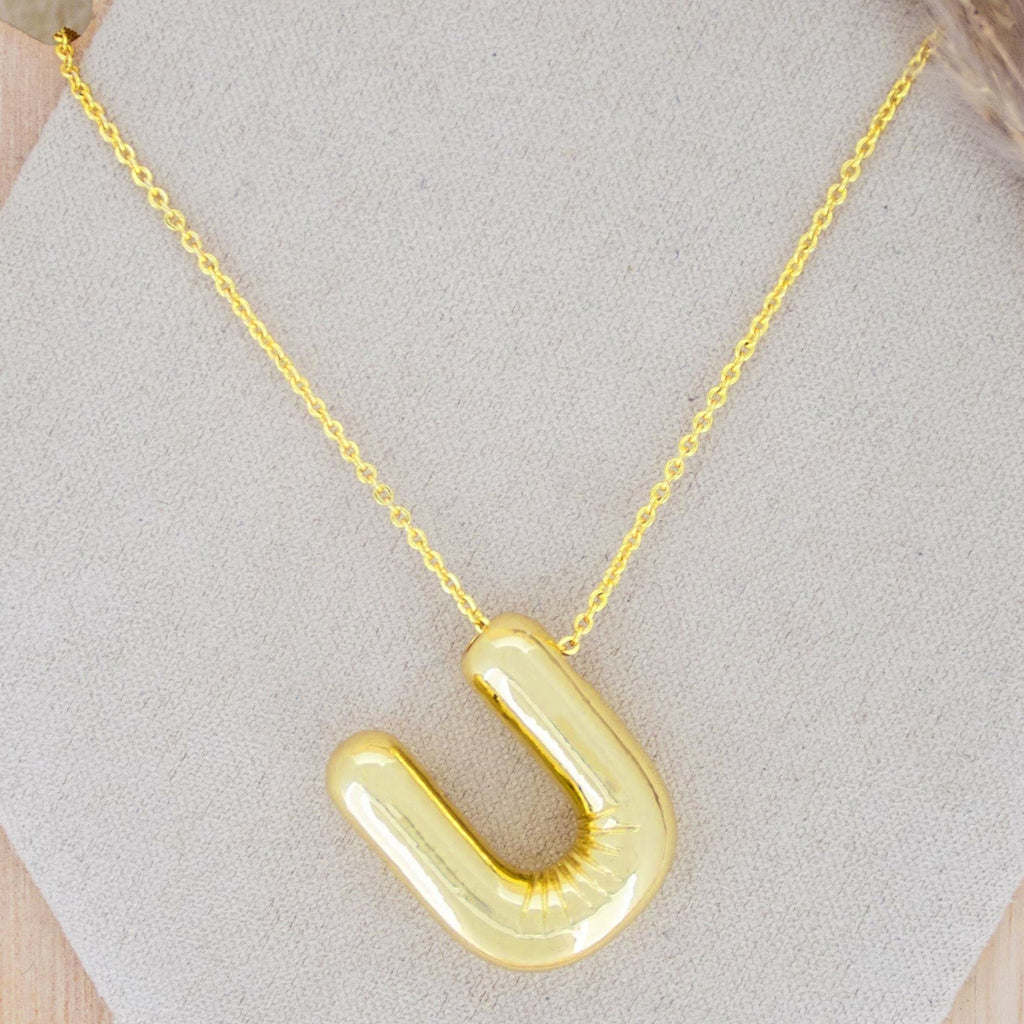 A Party Balloon Bubble Puffed Initial Alphabet Letter 18K Glossy Gold Anti Tarnish Pendant Chain