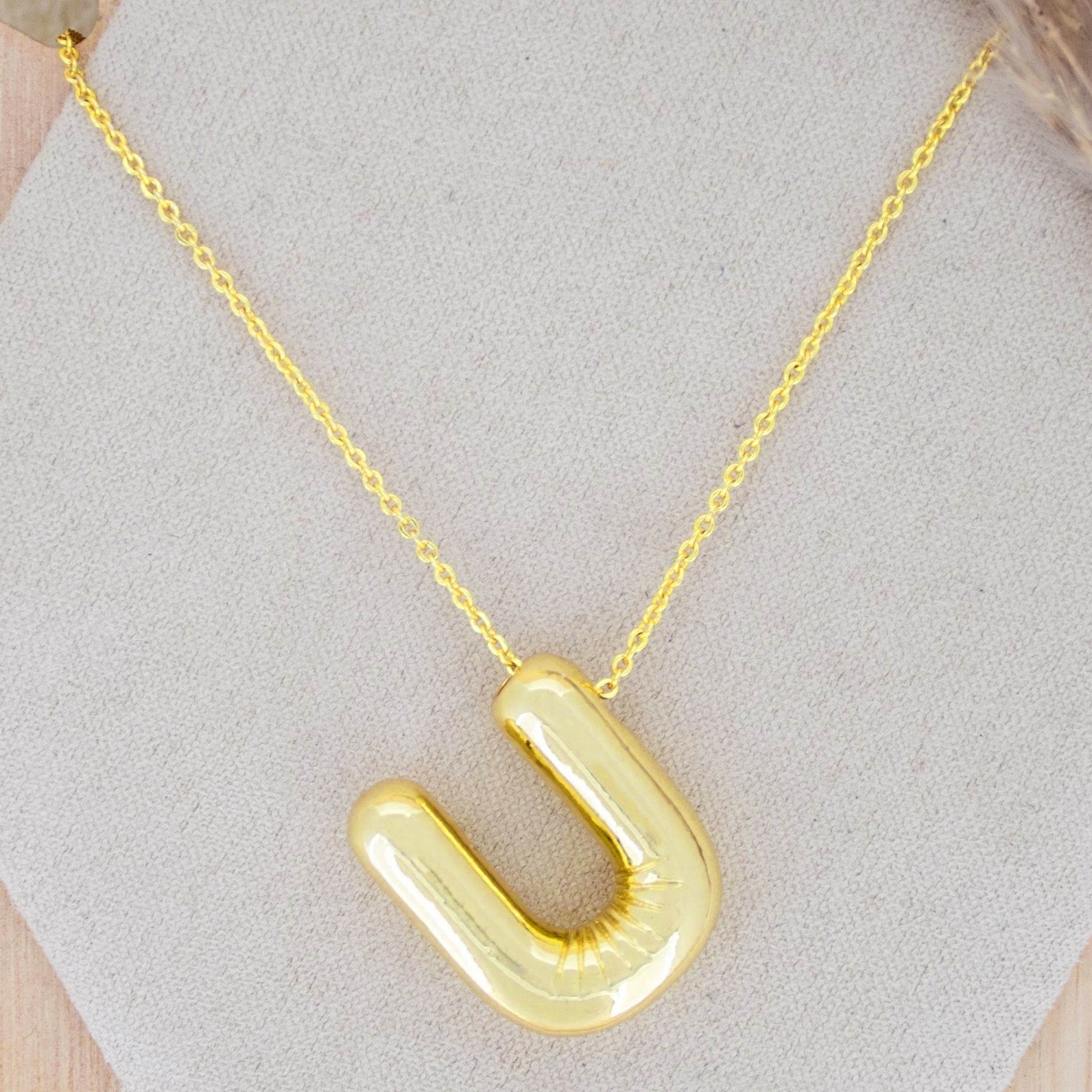 A Party Balloon Bubble Puffed Initial Alphabet Letter 18K Glossy Gold Anti Tarnish Pendant Chain