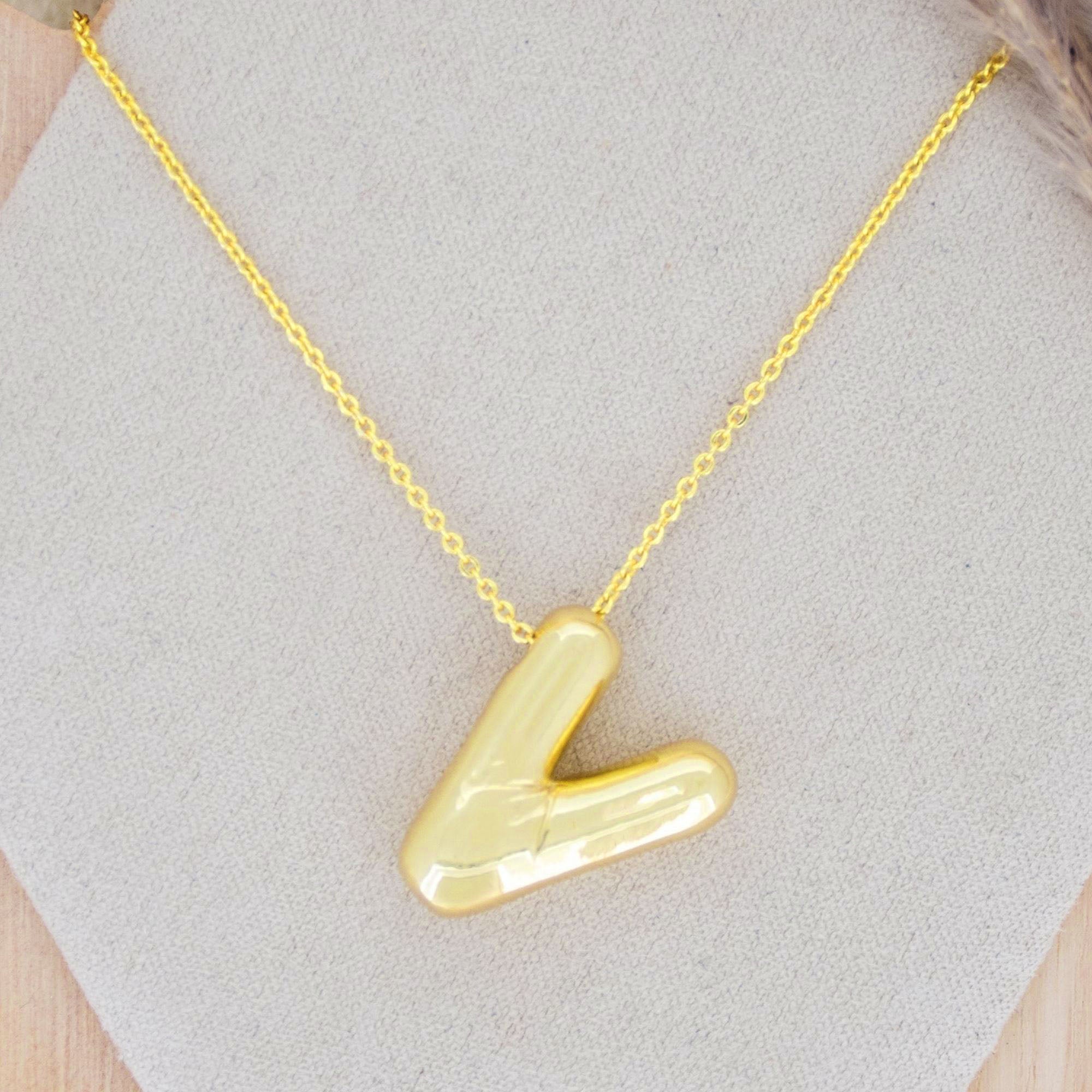 A Party Balloon Bubble Puffed Initial Alphabet Letter 18K Glossy Gold Anti Tarnish Pendant Chain