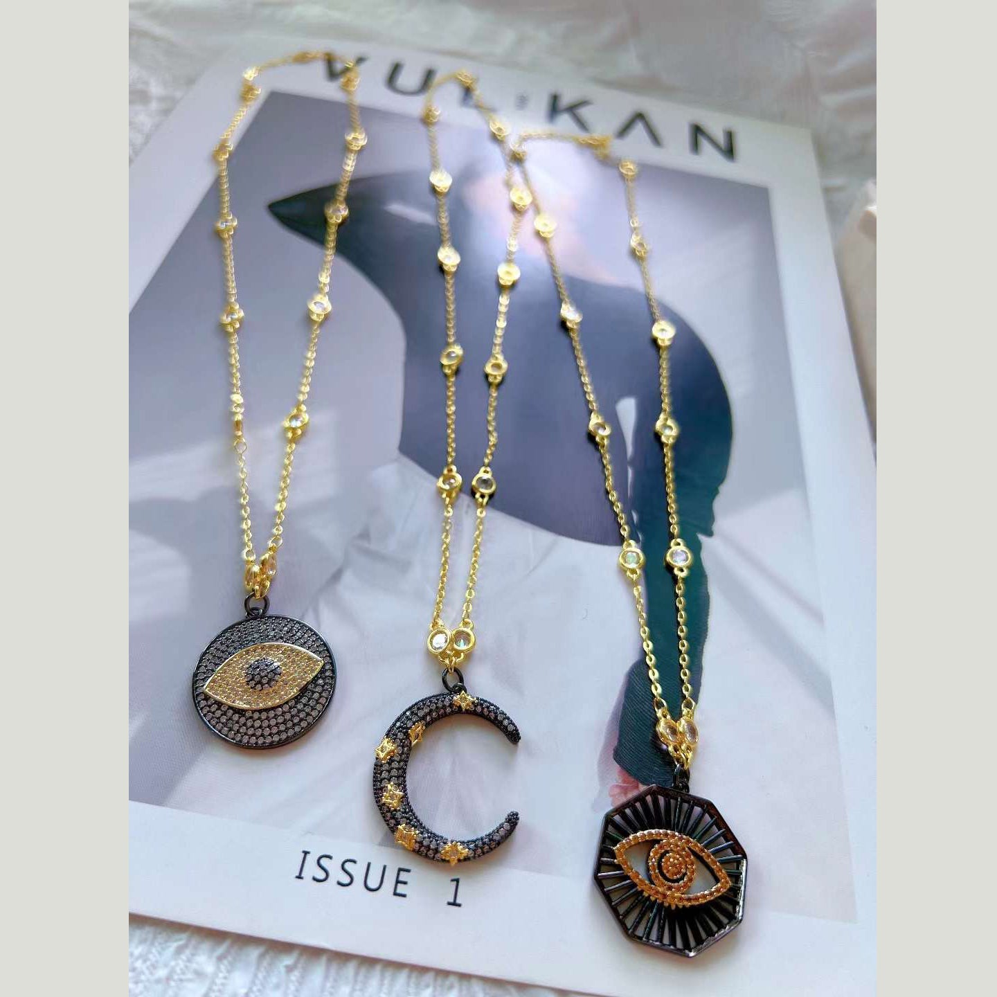 Black Evil Eye Medallion CZ 18K Gold Anti Tarnish Pendant Chain Bulk