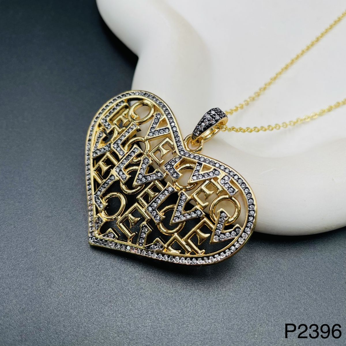 Large Heart Love Black Rhodium CZ 18K Gold Pendant Chain Bulk