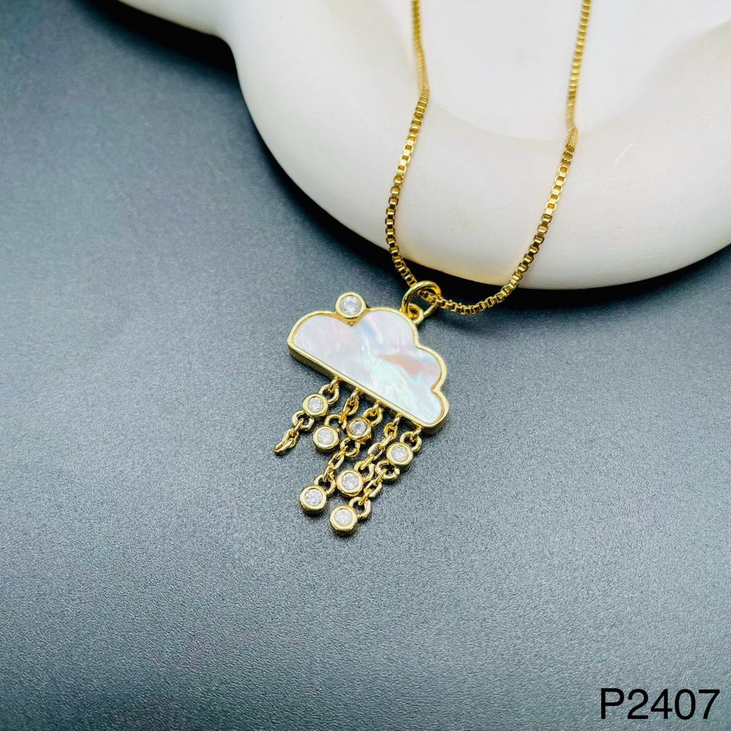 Cloud Mother Of Pearl Rain CZ 18K Gold Anti Tarnish Pendant Chain Bulk