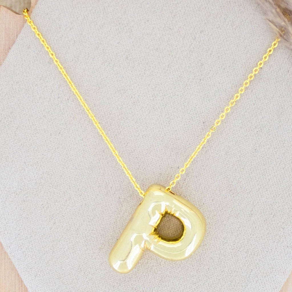A Party Balloon Bubble Puffed Initial Alphabet Letter 18K Glossy Gold Anti Tarnish Pendant Chain