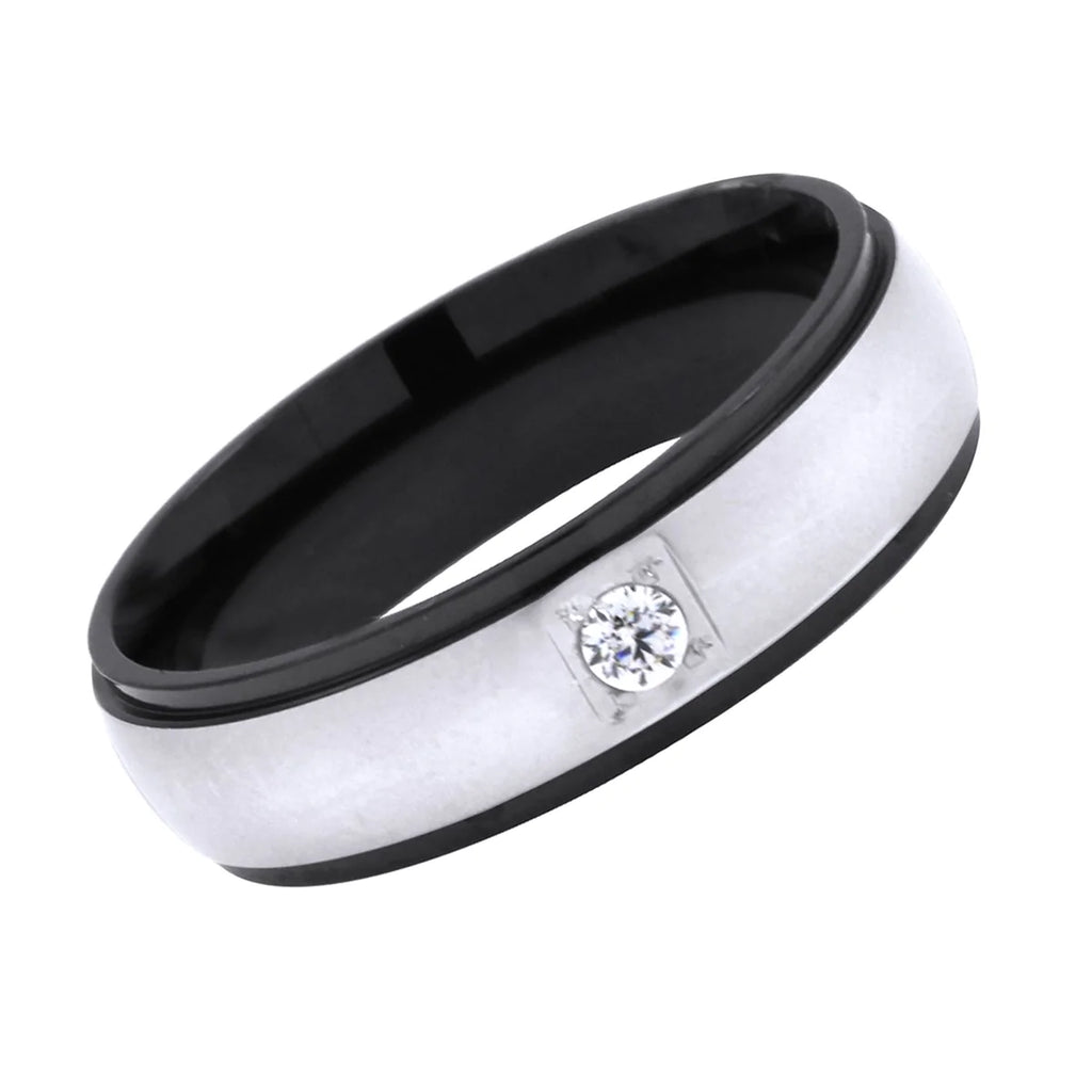 Surgical Stainless Steel Black Silver CZ Wedding Band Ring Boys Bulk