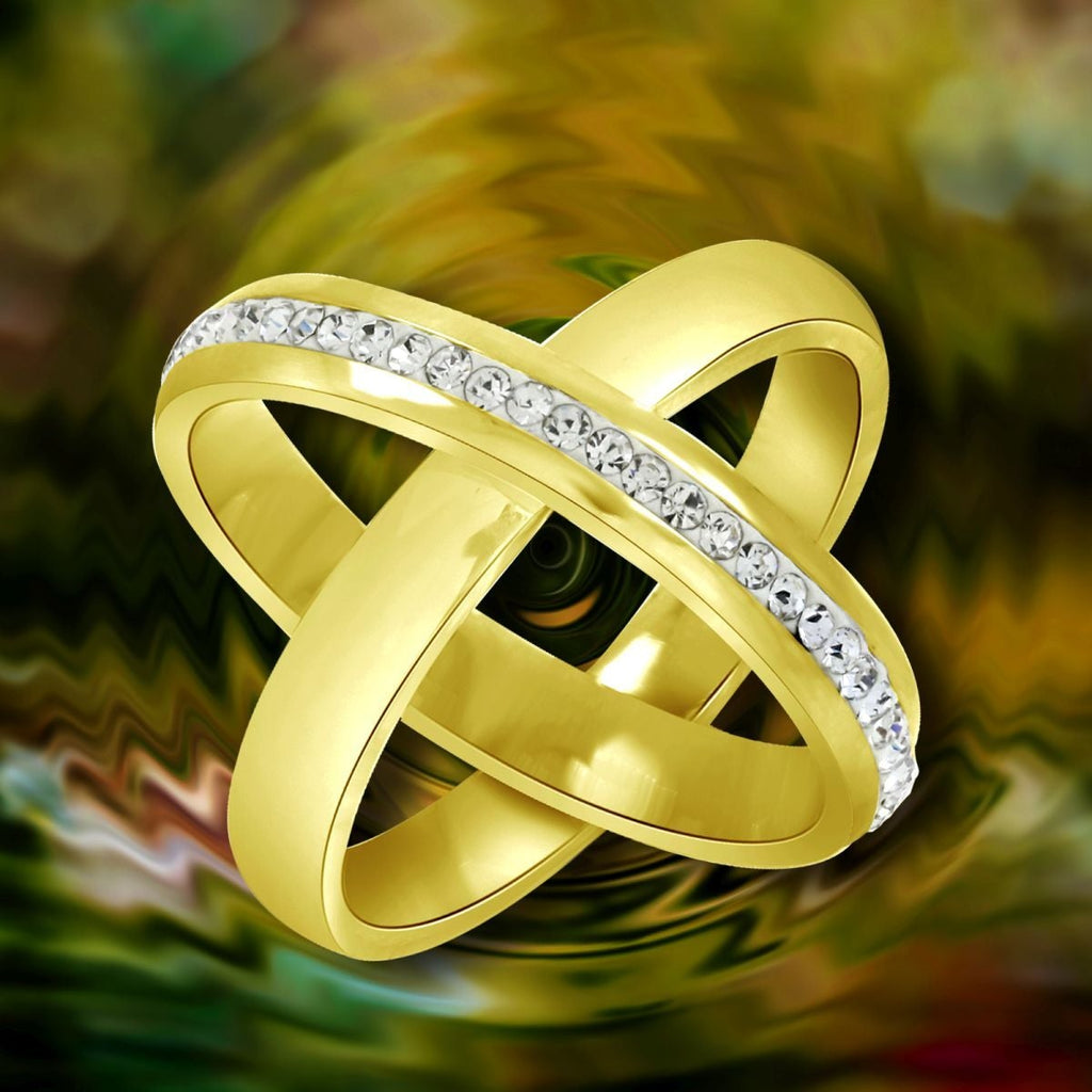 Stainless Steel Gold CZ Wedding Dual Joint Band Ring Boys Bulk