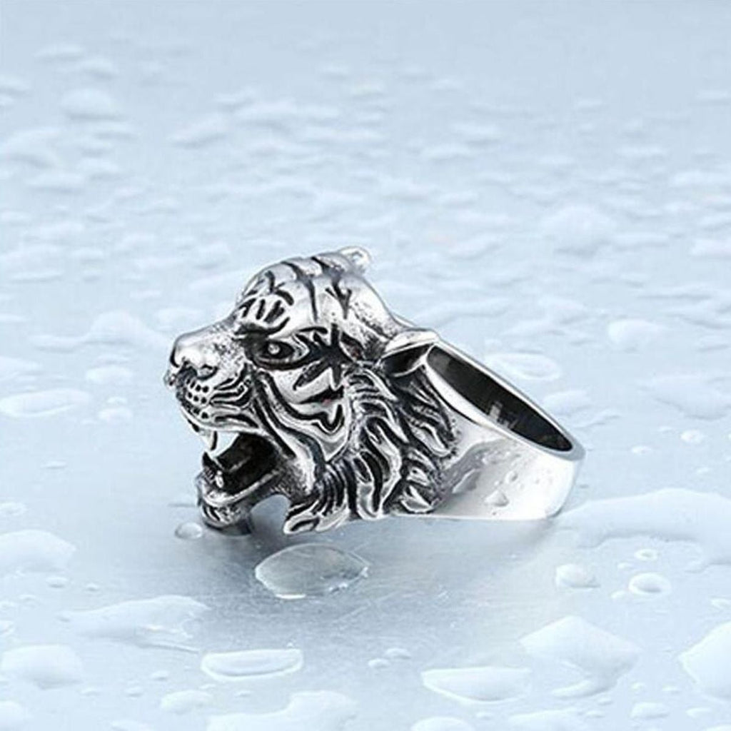 Stylish Gothic Punk Biker Antique Retro Vintage Oxidise Silver Stainless Steel Tiger Lion Head Ring