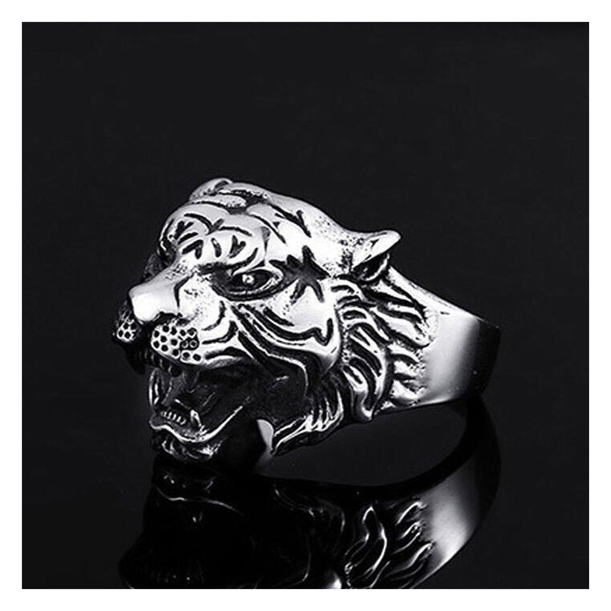 Biker Vintage Oxidise Silver Stainless Steel Roaring Lion Head Ring Main image