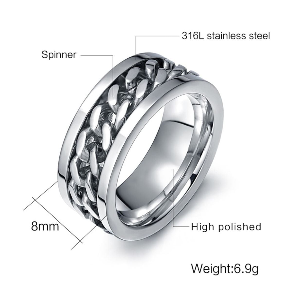 Rotatable Fidget Spinner Curb Chain Stainless Steel Eternity Swivel Band Ring Secondary image