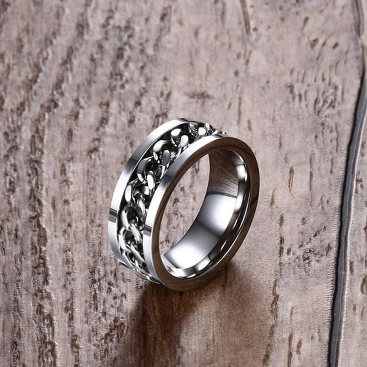 Rotatable Fidget Spinner Curb Chain Stainless Steel Eternity Swivel Band Ring