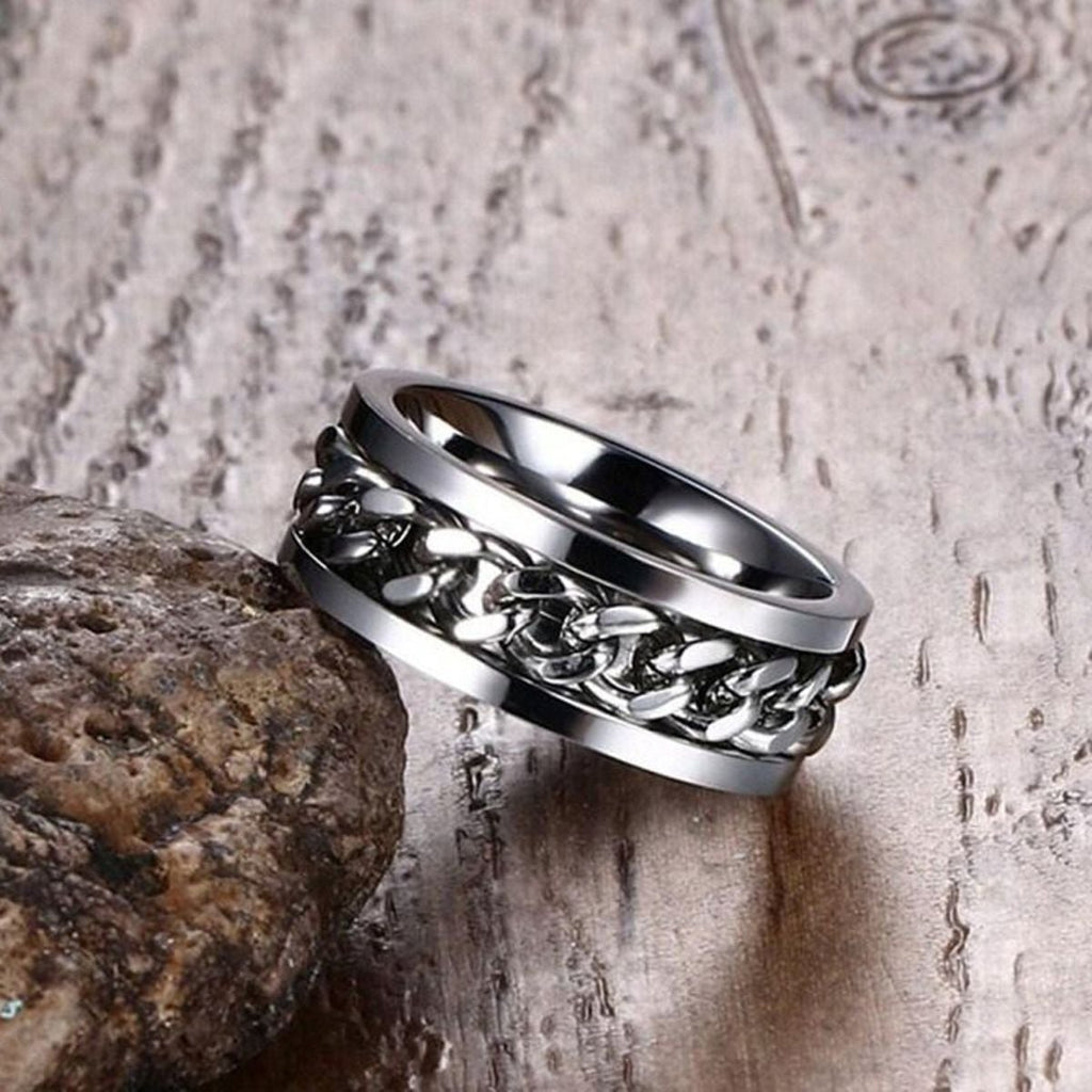 Rotatable Fidget Spinner Curb Chain Stainless Steel Eternity Swivel Band Ring