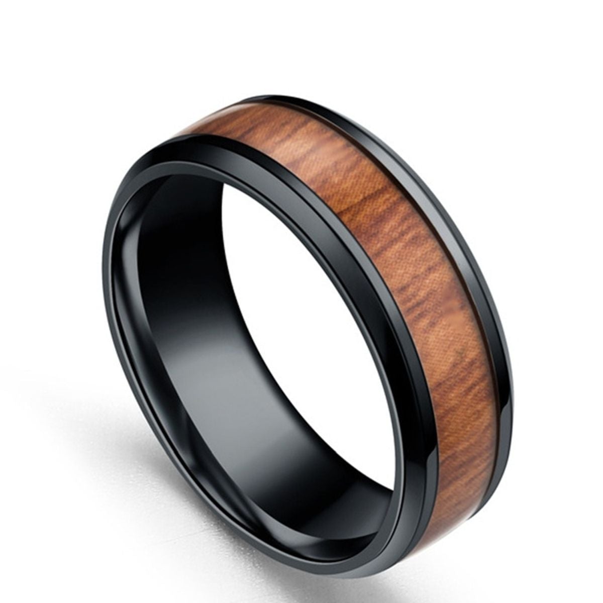 8Mm Black Stainless Steel Ring Vintage Promise Band Wood Inlay Comfort Fit Secondary image