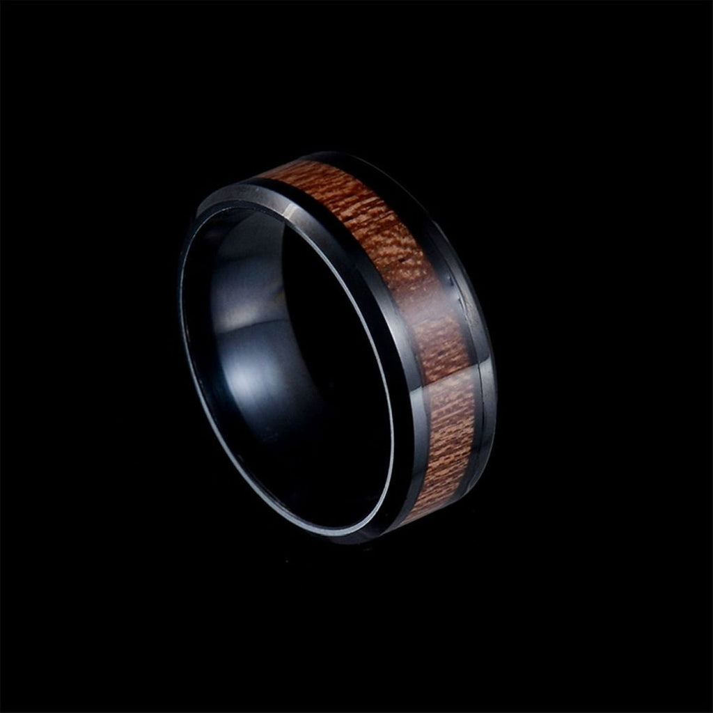 8Mm Black Stainless Steel Ring Vintage Promise Band Wood Inlay Comfort Fit
