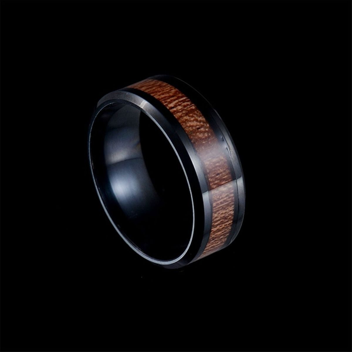 8Mm Black Stainless Steel Ring Vintage Promise Band Wood Inlay Comfort Fit