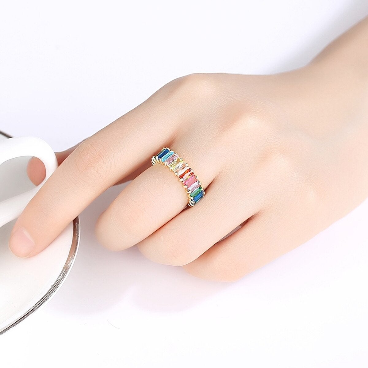 Rainbow Baguette Crystal Gold Band Ring For Women Gift Bulk