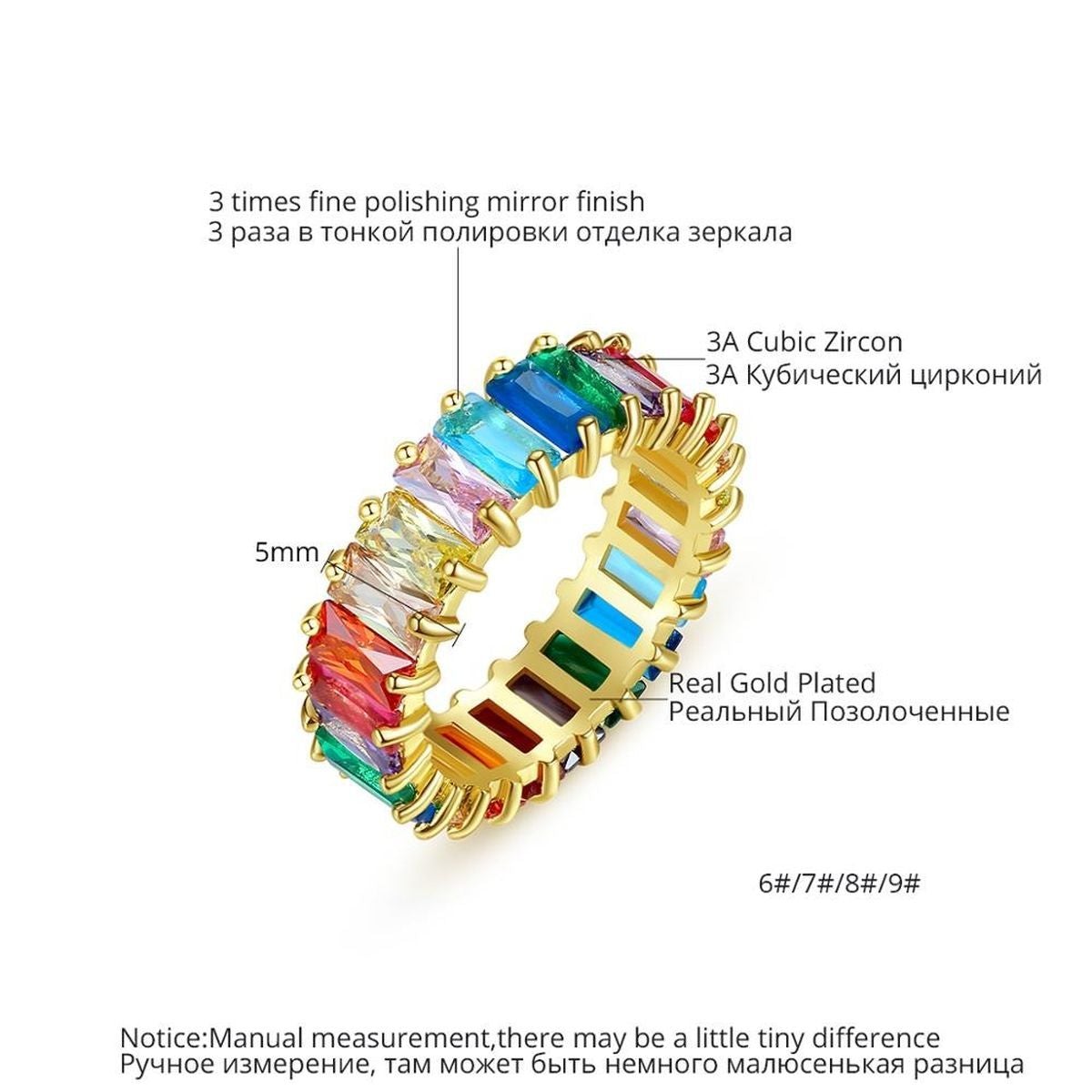 Rainbow Baguette Crystal Gold Band Ring For Women Gift Bulk
