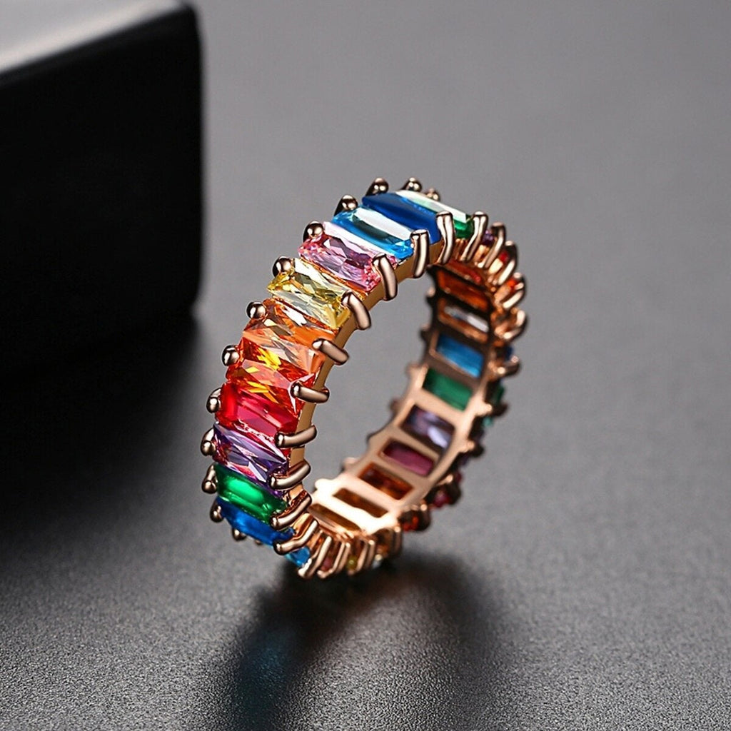 Rainbow Baguette Crystal Gold Band Ring For Women Gift Bulk